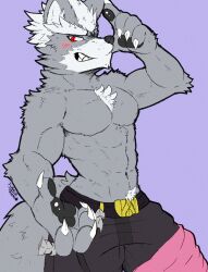 1boy abs absurdres animal_ears artist_name black_pants blush claws commentary english_commentary fangs furry furry_male grin highres jwbash male_focus muscular muscular_male navel nintendo pants pawpads pectorals purple_background red_eyes signature smile star_fox tail topless_male wolf_boy wolf_ears wolf_o&#039;donnell wolf_tail