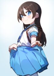 Rule 34 | 1girl, absurdres, bag, blue eyes, blue necktie, blue skirt, bright pupils, brown hair, closed mouth, clothes lift, cowboy shot, from side, goe (g-o-e), gradient background, hair between eyes, highres, kagura hikari, lifted by self, light blush, long hair, looking at viewer, necktie, pale skin, pleated skirt, school bag, shirt, short sleeves, shoujo kageki revue starlight, sideways glance, simple background, skirt, skirt lift, smile, solo, straight hair, white background, white pupils, white shirt