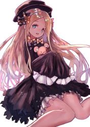 Rule 34 | 1girl, :d, abigail williams (fate), black bow, black dress, black hat, blonde hair, bloomers, blue eyes, blush, bow, bug, butterfly, dress, fate/grand order, fate (series), forehead, hair bow, hands up, hat, head tilt, highres, hugging object, insect, long hair, long sleeves, open mouth, orange bow, parted bangs, polka dot, polka dot bow, round teeth, shin murasame, simple background, sleeves past fingers, sleeves past wrists, smile, solo, stuffed animal, stuffed toy, teddy bear, teeth, underwear, upper teeth only, very long hair, white background, white bloomers