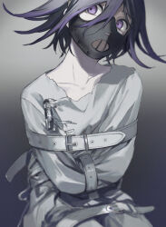 Rule 34 | 1boy, belt, belt buckle, black mask, bound, bound arms, buckle, closed mouth, collarbone, cowboy shot, crossed arms, danganronpa (series), danganronpa v3: killing harmony, expressionless, gradient background, grey background, hair between eyes, hou (ppo), long sleeves, looking at viewer, male focus, mask, mouth mask, multiple belts, oma kokichi, pale skin, pants, purple eyes, purple hair, shirt, short hair, simple background, sitting, solo, straitjacket, white belt, white pants, white shirt, white sleeves