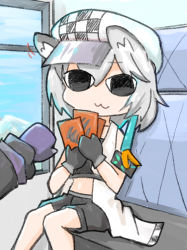 Rule 34 | :3, absurdres, animal ear fluff, animal ears, arknights, black gloves, card, cliffheart (arknights), commentary request, gloves, grey hair, hair between eyes, hat, highres, holding, holding card, indoors, keirono, leopard ears, looking at viewer, short hair, shorts, sitting, window