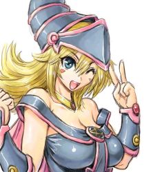 Rule 34 | 1girl, amania orz, bare shoulders, blonde hair, blush stickers, breasts, choker, cleavage, dark magician girl, duel monster, green eyes, hat, large breasts, long hair, looking at viewer, one eye closed, open mouth, pentacle, simple background, smile, solo, white background, wizard hat, yu-gi-oh!, yu-gi-oh! duel monsters