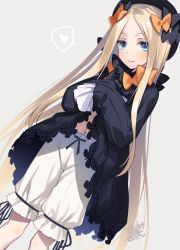 Rule 34 | 1girl, abigail williams (fate), black bow, black dress, black hat, black ribbon, blonde hair, bloomers, blue eyes, blush, bow, closed mouth, clothes lift, dated, dress, dress lift, dutch angle, fate/grand order, fate (series), fedora, feet out of frame, forehead, grey background, hair bow, hat, heart, lifting own clothes, long hair, long sleeves, looking at viewer, motomiya mitsuki, navel, orange bow, parted bangs, polka dot, polka dot bow, puffy long sleeves, puffy sleeves, ribbon, sidelocks, signature, simple background, sleeves past fingers, sleeves past wrists, smile, solo, speech bubble, spoken heart, standing, straight hair, underwear, upskirt, very long hair, white bloomers