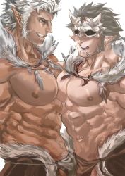 Rule 34 | 2boys, abs, bara, bare pectorals, beard, black tribe (housamo), brown hair, brown male underwear, bulge, bulge press, bulges touching, cotsu kotsu, dark-skinned male, dark skin, facial hair, feather necklace, from side, grey male underwear, highres, large pectorals, loincloth, long sideburns, male focus, male pubic hair, male underwear, mask, mature male, multicolored hair, multiple boys, muscular, muscular male, navel, navel hair, necklace, nipples, pectoral docking, pectoral press, pectorals, pointy ears, pubic hair, revealing clothes, short hair, sideburns, skull mask, smile, spiked hair, stomach, stubble, tangaroa (housamo), tokyo houkago summoners, tooth necklace, tribal, two-tone hair, underwear, unfinished, white hair, yaoi