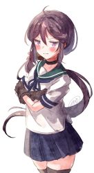 Rule 34 | 1girl, ahoge, akebono (kancolle), akebono kai ni (kancolle), bell, black gloves, black neckwear, black thighhighs, blue sailor collar, blue skirt, blush stickers, choker, commentary, cowboy shot, crossed arms, flower, gloves, hair bell, hair flower, hair ornament, highres, ittokyu, jingle bell, kantai collection, long hair, looking at viewer, open mouth, pleated skirt, purple eyes, purple hair, sailor collar, school uniform, serafuku, short sleeves, side ponytail, signature, simple background, skirt, solo, symbol-only commentary, thighhighs, very long hair, white background