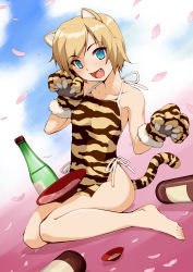Rule 34 | 1girl, alcohol, animal ears, animal hands, animal print, apron, armpits, barefoot, blue eyes, bottle, cat ears, cat tail, dutch angle, fang, feet, flat chest, highres, kneeling, marotang, naked apron, open mouth, original, sake, short hair, sitting, smile, solo, tail, tiger paws, tiger print, wariza