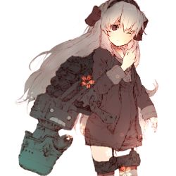 Rule 34 | 10s, 1girl, amatsukaze (kancolle), blurry, cherry blossoms, clenched hand, depth of field, dot triangle, garter straps, grey hair, gurin33, hair tubes, kantai collection, looking at viewer, muted color, one-hour drawing challenge, one eye closed, red eyes, rensouhou-kun, rigging, simple background, solo, sparkle, thighhighs, white background