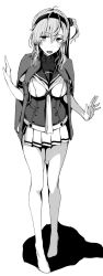 Rule 34 | 1girl, anchor symbol, bodysuit, commentary request, full body, greyscale, hachimaki, headband, highres, jacket, jacket on shoulders, kantai collection, leaning forward, long hair, looking at viewer, monochrome, neckerchief, one side up, open mouth, pleated skirt, school uniform, serafuku, skirt, solo, standing, suzutsuki (kancolle), yukiguni yuu