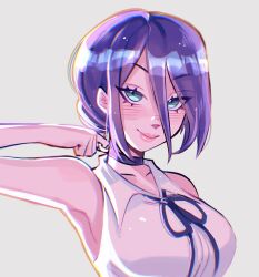 Rule 34 | 1girl, armpits, black choker, breasts, chainsaw man, choker, green eyes, grey background, hair between eyes, highres, large breasts, long bangs, looking at viewer, pink lips, purple hair, reze (chainsaw man), ruinique, short hair, simple background, smile, solo