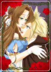 Rule 34 | 1boy, 1girl, aerith gainsborough, alternate costume, bare shoulders, black cloak, blonde hair, blue dress, blue eyes, blush, border, brown hair, cloak, cloud strife, detached sleeves, dress, earrings, fangs, final fantasy, final fantasy vii, final fantasy vii remake, flower, gloves, green eyes, hair ornament, half-closed eyes, halloween costume, hand in another&#039;s hair, hand on another&#039;s shoulder, jewelry, kirishima saya, long hair, looking at another, open mouth, parted bangs, parted lips, puffy short sleeves, puffy sleeves, red flower, red rose, rose, shirt, short hair, short sleeves, sidelocks, single earring, spiked hair, upper body, vampire costume, wavy hair, white gloves, white shirt