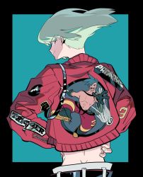 Rule 34 | 1boy, asymmetrical hair, belt, copyright name, earrings, galo thymos, green hair, hand on own hip, highres, jacket, jewelry, lio fotia, looking back, male focus, matoi, minamijima command, pants, promare, short hair, sidecut, smile, solo, trigger (company), undercut