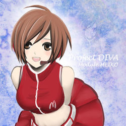 Rule 34 | 1girl, :d, arms behind back, blue background, blush, breasts, brown eyes, brown hair, commentary request, crop top, headset, looking at viewer, medium breasts, meiko (vocaloid), midriff, open mouth, project diva (series), red shirt, red skirt, shirt, short hair, skirt, sleeveless, sleeveless shirt, smile, solo, tomo-graphy, upper body, vocaloid