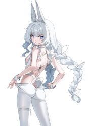 Rule 34 | 1girl, absurdres, animal ears, ass, azur lane, back, backless outfit, bare arms, bare shoulders, blue eyes, braid, breasts, butt crack, clothes pull, controlline3, from behind, highres, le malin (azur lane), le malin (listless lapin) (azur lane), long hair, looking at viewer, looking back, official alternate costume, pantyhose, pantyhose pull, rabbit ears, rabbit tail, revealing clothes, simple background, small breasts, solo, standing, tail, thigh strap, thighs, twin braids, twintails, very long hair, white background, white hair, white pantyhose