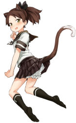 Rule 34 | 10s, 1girl, abe kanari, animal ears, black socks, bloomers, blush, brown eyes, brown hair, brown skirt, cat ears, cat tail, clothes lift, commentary request, eyebrows, hair ribbon, hair tie, kantai collection, long hair, looking at viewer, looking back, matching hair/eyes, open mouth, pleated skirt, ponytail, ribbon, school uniform, serafuku, shikinami (kancolle), short sleeves, simple background, skirt, skirt lift, smile, socks, solo, tail, underwear, white background, yellow eyes