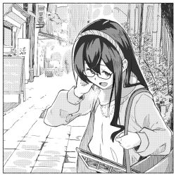 Rule 34 | 1girl, alternate costume, bag, commentary request, glasses, greyscale, hairband, jacket, kantai collection, leaning forward, long hair, monochrome, ooyodo (kancolle), outdoors, road, semi-rimless eyewear, sign, smile, solo, street, sweater, under-rim eyewear, upper body, yokoshima pengin
