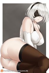 Rule 34 | 1girl, aslindsamure, ass, bare shoulders, black hairband, blindfold, border, breasts, brown thighhighs, cleavage, collarbone, covered eyes, grey background, hairband, highres, large breasts, nier:automata, nier (series), one-piece swimsuit, parted lips, short hair, silver hair, solo, swept bangs, swimsuit, thighhighs, thighs, white border, white one-piece swimsuit, 2b (nier:automata)
