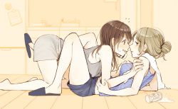 Rule 34 | 2girls, between thighs, blush, brown hair, commentary request, flying sweatdrops, gavienc, hand on breast, highres, kitchen, light brown hair, looking away, multiple girls, on floor, open mouth, original, parted lips, sink, spill, wavy mouth, yuri