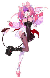 Rule 34 | 1girl, ahoge, animal ears, asymmetrical footwear, asymmetrical legwear, black footwear, black nails, boots, choker, demon girl, demon tail, demon wings, full body, hair ornament, head wings, heart, heart ahoge, heart choker, heart hair ornament, heterochromia, highres, ironmouse, ironmouse (13th costume), jacket, long hair, mouse ears, multicolored hair, nail polish, off shoulder, open clothes, open jacket, pako (pakosun), pink choker, pink eyes, pink footwear, pink hair, pink jacket, platform boots, platform footwear, pointy ears, purple eyes, purple hair, simple background, solo, standing, standing on one leg, streaked hair, tail, twintails, virtual youtuber, vshojo, white background, wings