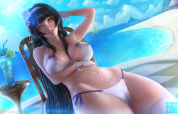 Rule 34 | 1girl, arm behind head, armpits, beach, bikini, black hair, blue sky, boat, breasts, brown eyes, cameltoe, cleavage, cloud, cup, day, drinking glass, drinking straw, flower, food, fruit, girls&#039; frontline, hair flower, hair ornament, hairband, lemon, lemon slice, limgae, long hair, looking at viewer, navel, official alternate costume, outdoors, cameltoe, sitting, sky, smile, solo, swimsuit, thighhighs, type 95 (girls&#039; frontline), type 95 (summer cicada) (girls&#039; frontline), watercraft, white bikini, white thighhighs