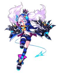 Rule 34 | 1girl, :d, black footwear, blue eyes, blue jacket, blue shorts, blue thighhighs, chiliarch (elsword), claws, crown, elsword, full body, hair ornament, hairclip, highres, hood, horns, hwansang, jacket, long hair, looking at viewer, luciela r. sourcream, midriff, navel, official art, open mouth, shaded face, shoes, short shorts, shorts, smile, solo, standing, standing on one leg, striped clothes, striped thighhighs, thighhighs, transparent background, twintails, white hair