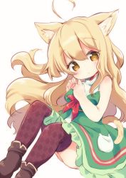 Rule 34 | ahoge, animal ears, argyle, argyle clothes, argyle legwear, bare arms, bare shoulders, blonde hair, cat ears, cat girl, cat tail, dress, frilled dress, frills, green dress, highres, long hair, matatabi (nigatsu), red ribbon, ribbon, shoes, tail, white background, yellow eyes
