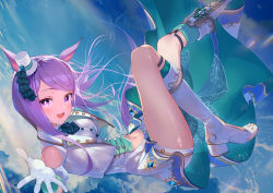 Rule 34 | 1girl, :d, animal ears, blush, boots, foreshortening, gloves, highres, horse ears, horse girl, horse tail, kainown, knee boots, long hair, mejiro mcqueen (end of sky) (umamusume), mejiro mcqueen (umamusume), navel, open mouth, purple eyes, purple hair, reaching, reaching towards viewer, sky, smile, solo, tail, umamusume, white footwear, white gloves