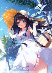 Rule 34 | 1girl, :d, absurdres, artist name, bag, bare shoulders, basket, black hair, blue bow, blue eyes, blue ribbon, blue sky, blush, bow, bowtie, breasts, cleavage, cloud, cloudy sky, coconut, coconut tree, collarbone, day, dress, dutch angle, fingernails, food, fruit, hand on headwear, hands up, hat, hat bow, highres, holding, holding bag, large areolae, large breasts, long hair, looking at viewer, miyase mahiro, off shoulder, open mouth, original, outdoors, palm leaf, palm tree, ribbon, scan, sky, smile, solo, standing, straw hat, stuffed animal, stuffed rabbit, stuffed toy, sun hat, sundress, tree, white dress, wings