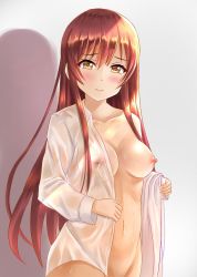 Rule 34 | 1girl, bad id, bad pixiv id, blush, breasts, brown hair, collarbone, commentary request, dress shirt, hair between eyes, idolmaster, idolmaster shiny colors, kanbee0000, long hair, looking at viewer, medium breasts, naked shirt, nipples, one breast out, open clothes, open shirt, osaki amana, see-through, shirt, solo, undressing, very long hair, wavy mouth, white shirt, yellow eyes