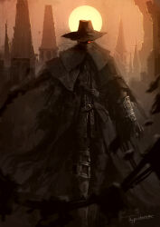 Rule 34 | 1boy, beast cutter (bloodborne), belt, black coat, bloodborne, building, coat, commentary, full moon, glowing, glowing eyes, hat, highres, holding, holding whip, long hair, male focus, mask, moon, mouth mask, old hunter (bloodborne), red eyes, signature, solo, tripdancer, walking, white hair, yellow moon