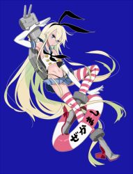 Rule 34 | 10s, 1girl, absurdly long hair, blonde hair, blue background, elbow gloves, gloves, hairband, innertube, kantai collection, long hair, looking at viewer, rakuchii (rurituvo), rensouhou-chan, ribbon, rurituvo, sailor collar, shimakaze (kancolle), striped clothes, striped thighhighs, swim ring, thighhighs, very long hair, white gloves