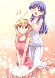 Rule 34 | 2girls, bare arms, bare shoulders, barefoot, between legs, blonde hair, blue hair, blush, breasts, brushing hair, chemise, cleavage, closed eyes, collarbone, comb, frills, gradient background, hair ornament, hairclip, hand between legs, hand on another&#039;s head, heart, heart hair ornament, hikawa shou, kneeling, long hair, looking up, medium breasts, multiple girls, musical note, nightgown, official art, open mouth, red eyes, shinozaki-san ki wo otashikani, shinozaki akina, sitting, usuba nanae, v arms, wariza