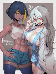 Rule 34 | 2girls, :d, abs, black hair, blonde hair, blue shorts, blue thighhighs, breasts, brown background, collarbone, commission, dark-skinned female, dark skin, glasses, grey background, hand in pocket, hand on own hip, highres, lab coat, large breasts, long hair, looking at viewer, medium breasts, midriff, multicolored hair, multiple girls, navel, noah (tettsui-sole), open mouth, original, red eyes, round eyewear, sharp teeth, short hair, shorts, skeb commission, smile, suspender shorts, suspenders, tank top, teeth, thighhighs, thighs, twitter username, two-tone background, two-tone hair, upper body, white hair, white tank top, yellow eyes
