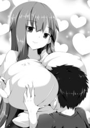 Rule 34 | 1boy, 1girl, breast smother, breasts, doskoinpo, gigantic breasts, gym uniform, heart, hetero, long hair, monochrome, size difference, smile
