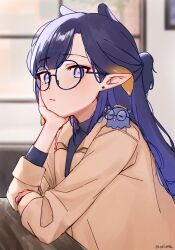 Rule 34 | 1girl, alternate costume, alternate hairstyle, arm support, blunt bangs, blush, closed mouth, commentary, ear piercing, english commentary, english text, frown, glasses, hand on own chin, highres, hololive, hololive english, indoors, long hair, long sleeves, looking at viewer, mole, mole under eye, ninomae ina&#039;nis, orinte, piercing, pointy ears, ponytail, purple eyes, purple hair, round eyewear, sleeves rolled up, solo, takodachi (ninomae ina&#039;nis), tentacle hair, twitter username, virtual youtuber