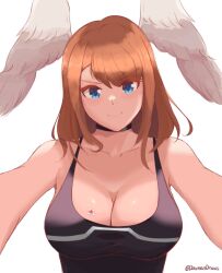 Rule 34 | 1girl, black tank top, blue eyes, breasts, brown hair, cleavage, closed mouth, collarbone, daymandraws, eunie (xenoblade), head wings, highres, large breasts, long hair, looking at viewer, simple background, smile, solo, tank top, white background, wings, xenoblade chronicles (series), xenoblade chronicles 3