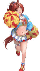 Rule 34 | 1girl, absurdres, animal ears, arm up, belly chain, belt, blue jacket, brown eyes, brown hair, cheerleader, closed mouth, commentary request, crop top, cropped shirt, cross-laced footwear, frilled skirt, frills, full body, highres, holding, holding pom poms, horse ears, horse girl, jacket, jewelry, medium hair, miniskirt, miyama mizuki (hoshihoshi1220), nice nature (run&amp;win) (umamusume), nice nature (umamusume), official alternate costume, one eye closed, open clothes, open jacket, pleated skirt, pom pom (cheerleading), pom poms, ponytail, red footwear, red ribbon, ribbon, sailor collar, shirt, shoes, skirt, socks, solo, standing, star (symbol), thigh strap, track jacket, umamusume, white background, white sailor collar, white shirt, white skirt, white socks, yellow belt