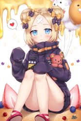 Rule 34 | 1girl, :&lt;, abigail williams (fate), abigail williams (traveling outfit) (fate), ass, balloon, black bow, black jacket, blonde hair, blue eyes, blueberry, blush, bow, closed mouth, commentary, crossed bandaids, double bun, fate/grand order, fate (series), food, fruit, hair bow, hair bun, heart, heroic spirit traveling outfit, in food, jacket, long hair, long sleeves, looking at viewer, hugging object, official alternate costume, orange bow, parted bangs, polka dot, polka dot bow, pong (vndn124), red footwear, side bun, sidelocks, sitting, sleeves past fingers, sleeves past wrists, solo, sparkle, spoken heart, strawberry, stuffed animal, stuffed toy, teddy bear
