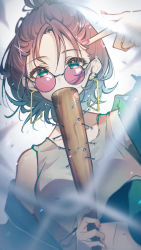 Rule 34 | 1girl, asakura toru, baseball bat, brown hair, commentary request, covered mouth, earrings, green eyes, hair ornament, highres, holding, holding baseball bat, idolmaster, idolmaster shiny colors, index finger raised, jewelry, looking at viewer, looking over eyewear, looking over glasses, nail, nail bat, nail polish, off shoulder, pink-tinted eyewear, pink-tinted glasses, red-tinted eyewear, red nails, round eyewear, solo, sunglasses, tank top, tinted eyewear, umeume (totoya), upper body, x hair ornament