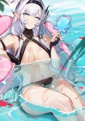 Rule 34 | 1girl, absurdres, bare shoulders, bikini, black bikini, black gloves, black hairband, blue archive, breasts, changpan hutao, cleavage, closed mouth, feet out of frame, flower, food, gloves, grey hair, hair flower, hair ornament, hairband, highres, himari (blue archive), holding, holding food, large breasts, long hair, looking at viewer, mole, mole under eye, navel, partially fingerless gloves, partially submerged, petals, pointy ears, popsicle, sitting, smile, solo, swimsuit, very long hair, water, white flower