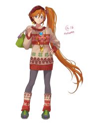 Rule 34 | 1girl, ace attorney, athena cykes, autumn-sacura, bag, blue eyes, contrapposto, dress, earrings, full body, hand on own hip, handbag, hat, highres, jewelry, long hair, looking to the side, multicolored clothes, multicolored shirt, necklace, orange hair, pantyhose, print shirt, shirt, shoes, side ponytail, sidelocks, smile, sneakers, solo, standing, sweater, sweater dress, very long hair