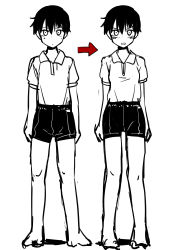 Rule 34 | absurdres, before and after, genderswap, genderswap (mtf), gym uniform, haida katsuretsu, highres, monochrome, tagme, white background