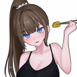 Rule 34 | 1girl, :d, artist request, bare arms, bare shoulders, blue eyes, blunt bangs, breasts, brown hair, camisole, chopsticks, cleavage, collarbone, commission, hand up, highres, holding, holding chopsticks, large breasts, long hair, looking at viewer, open mouth, original, ponytail, second-party source, simple background, smile, solo, upper body, white background