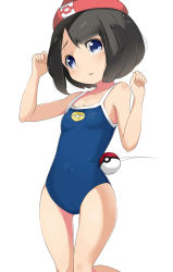 Rule 34 | 1girl, bad id, bad pixiv id, beanie, black hair, blue eyes, blue one-piece swimsuit, breasts, clenched hands, competition school swimsuit, covered navel, cowboy shot, creatures (company), female focus, from side, game freak, hands up, hat, head tilt, looking at viewer, motion lines, nintendo, one-piece swimsuit, parted lips, poke ball, poke ball (basic), pokemon, print swimsuit, raised eyebrows, red hat, school swimsuit, selene (pokemon), short hair, simple background, small breasts, solo, standing, swimsuit, tamakorogashi, thigh gap, white background