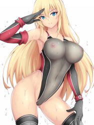 Rule 34 | 1girl, bismarck (kancolle), black one-piece swimsuit, blonde hair, blue eyes, breasts, cameltoe, closed mouth, competition swimsuit, covered erect nipples, covered navel, elbow gloves, gloves, gluteal fold, grey gloves, grey one-piece swimsuit, grey thighhighs, hair between eyes, highleg, highleg swimsuit, highres, ixmmxi, kantai collection, large breasts, long hair, looking at viewer, multicolored clothes, multicolored swimsuit, one-piece swimsuit, red gloves, red one-piece swimsuit, salute, see-through, smile, solo, swimsuit, thighhighs, two-tone gloves, wet, white background