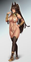 Rule 34 | 1girl, animal ears, anubis (houtengeki), arm guards, armlet, bare shoulders, black thighhighs, breasts, brown hair, cameltoe, cleavage, closed mouth, covered erect nipples, cross, dark-skinned female, dark skin, detached collar, dog ears, egyptian, egyptian clothes, fox ears, fringe trim, full body, grey background, groin, hand on own hip, highres, houtengeki, large breasts, long hair, looking at viewer, navel, original, ponytail, raised eyebrows, red eyes, shoes, signature, slingshot swimsuit, smile, solo, standing, stomach, swimsuit, thighhighs, usekh collar, very long hair, yellow footwear