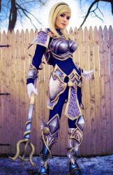 Rule 34 | 1girl, armor, blonde hair, bodysuit, boots, cosplay, danielle beaulieu, hair ornament, league of legends, lipstick, long hair, looking at viewer, lux (league of legends), luxanna crownguard (cosplay), makeup, outdoors, photo (medium), staff, tagme, wand