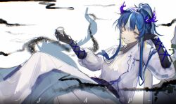 Rule 34 | 1girl, absurdres, arknights, artist name, black gloves, blue hair, chinese clothes, chinese commentary, choko (cup), chouchouhei, commentary request, cowboy shot, cup, dragon horns, dragon tail, dress, earrings, gloves, grey eyes, hanfu, head rest, highres, holding, holding cup, horns, jewelry, ling (arknights), looking at viewer, mouth hold, multicolored hair, parted lips, ponytail, sidelocks, smile, solo, stalk in mouth, streaked hair, tail, white dress, white hair