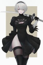 Rule 34 | 1girl, artist name, black dress, blue eyes, boots, breasts, cleavage, cleavage cutout, clothing cutout, commentary, dress, feather trim, gloves, hair ornament, hairband, highres, katana, lips, long sleeves, medium breasts, mole, mole under mouth, nier:automata, nier (series), over shoulder, puffy sleeves, ryumikooo, short hair, signature, simple background, sword, thigh boots, thighhighs, thighs, turtleneck, weapon, weapon over shoulder, white hair, 2b (nier:automata)