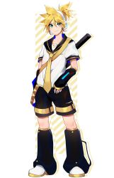Rule 34 | absurdres, arm warmers, bass clef, belt, black collar, black shorts, black sleeves, blonde hair, blue eyes, collar, commentary, crop top, derivative work, ei flow, english commentary, full body, headphones, headset, highres, instrument, instrument on back, kagamine len, keytar, leg warmers, looking at viewer, necktie, sailor collar, school uniform, shirt, short ponytail, short sleeves, shorts, sleeves past wrists, smile, spiked hair, standing, v-shaped eyebrows, vocaloid, vocaloid boxart pose, white footwear, white shirt, yellow neckwear