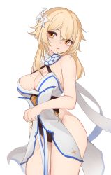 Rule 34 | 1girl, :o, adapted costume, bare hips, bare shoulders, blonde hair, breasts, cleavage, cleavage cutout, clothing cutout, cowboy shot, eyebrows hidden by hair, flower, genshin impact, hair flower, hair ornament, highres, inniyik, large breasts, leotard, looking at viewer, lumine (genshin impact), open mouth, orange eyes, short hair with long locks, sidelocks, simple background, sleeveless, solo, thighs, white background, white flower